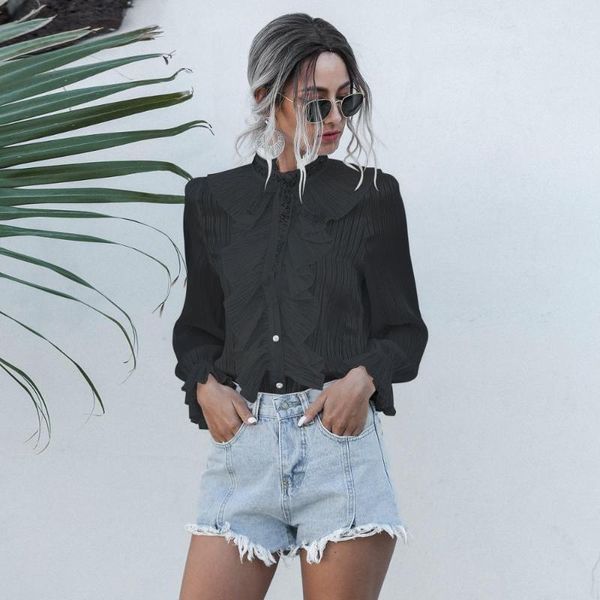 

women's blouses & shirts women see through ruffle blouse ladies sequin stand neck long sleeve chiffon 2021 autumn fashion streetwe, White