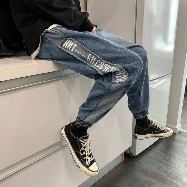 

m-5xltide style net red fall wide leg jeans men's personality raw edge loose straight pants trend beam pants., Black