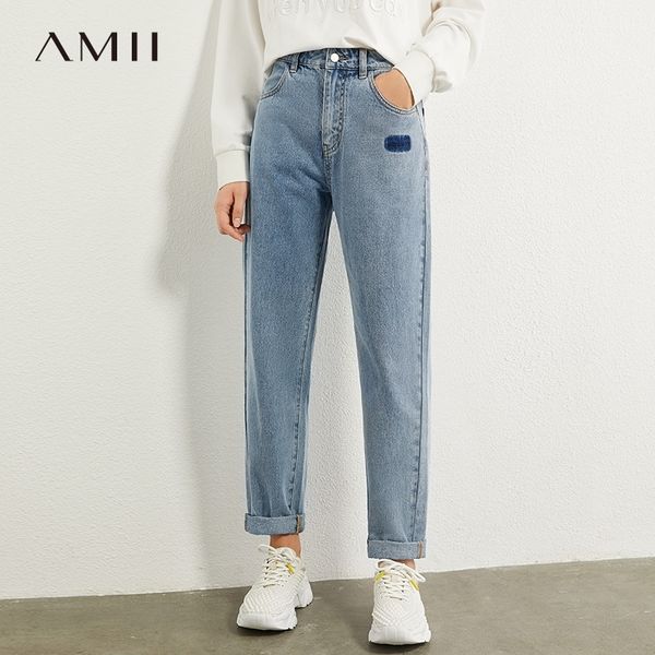 

amii minimalism autumn fashion embroidery female jeans causal cotton high waist straight ankel-length female jeans 12070215 201029, Blue