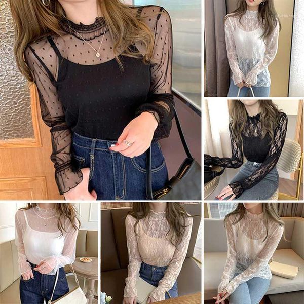 

transparent undershirt net lace base shirt long sleeve hollow out autumn half turtleneck bottoming shirt women base, White