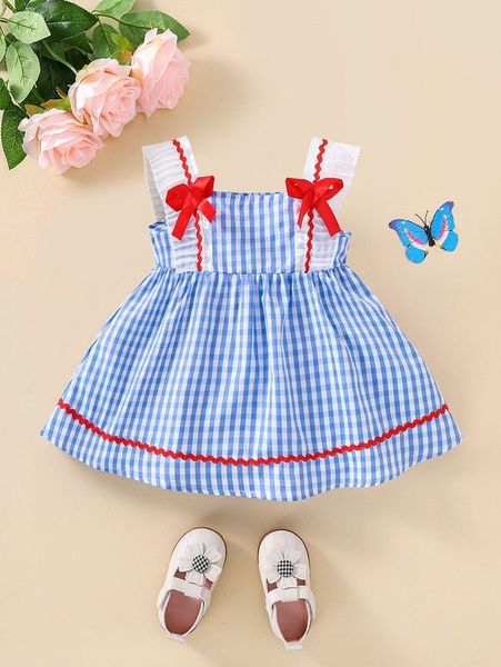 

baby gingham bow front ruffle trim contrast tape cami dress she, Red;yellow