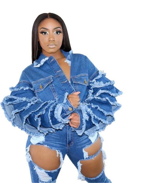 

rstylish autumn winter women vintage buttons pocket denim jackets casual short jean jacket stacked flare sleeve coat streetwear, Black;brown