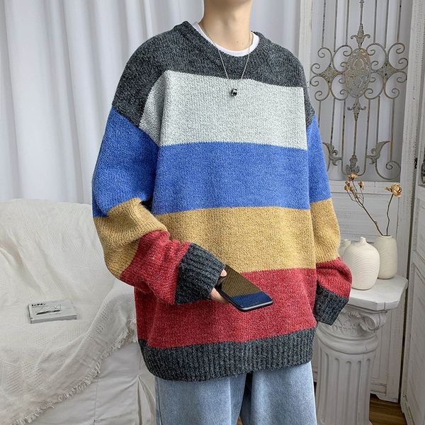 

spring stripe contrast sweater men's korean pullover loose couple harajuku trend bf knitted sweater, Black