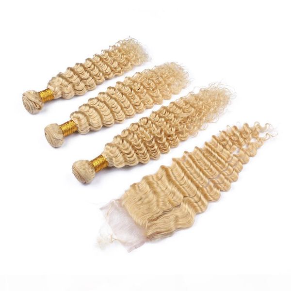 

deep wave #613 blonde peruvian human hair bundles with closure bleach blonde virgin hair weft extensions with lace front closure 4x4, Black;brown