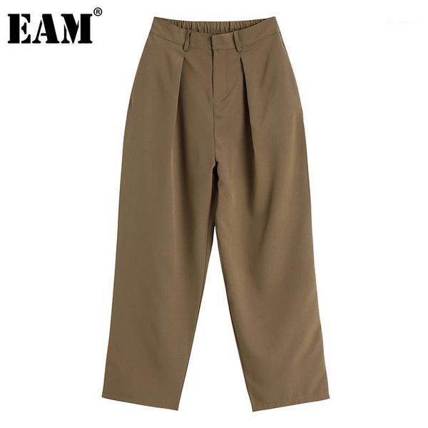 

eam] high elastic waist khaki pleated long wide leg trousers new loose fit pants women fashion tide spring autumn 2020 1da2051, Black;white