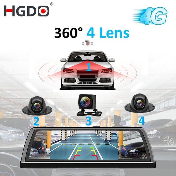 

car dvr dvrs hgdo h100 4 lens adas camera video recorder mirror 4g 10" media rearview core android dash cam fhd 1080p gps1
