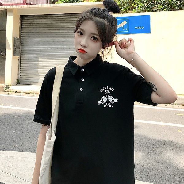 

fashion korean t-shirt version versatile 2019ins short sleeve t-shirt women's polo cute fashion cec engui, White