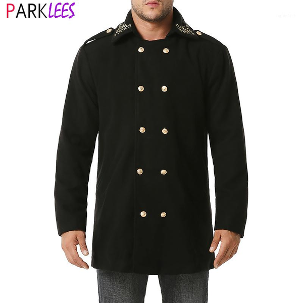 

men's wool & blends british style gold embroidery peacoat men double breasted mens long trench coat winter brand black overcoat windbre