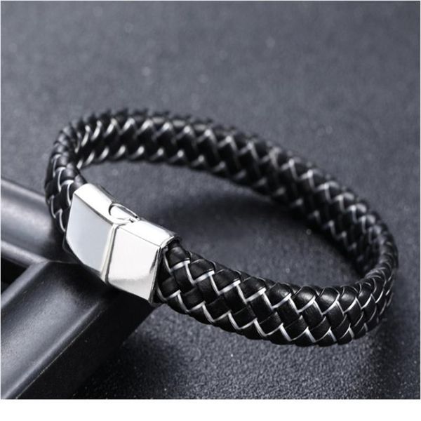 

new men jewelry punk black blue braided leather bracelet for men stainless steel magnetic clasp fashion bangl jllfhq, Golden;silver