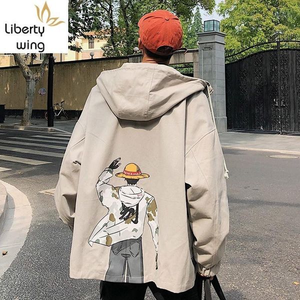 

2020 new sweatshirt men street long sleeve loose jacket coat japan style cartoon printed hooded zipper male outwear m-2xl1, Black;brown
