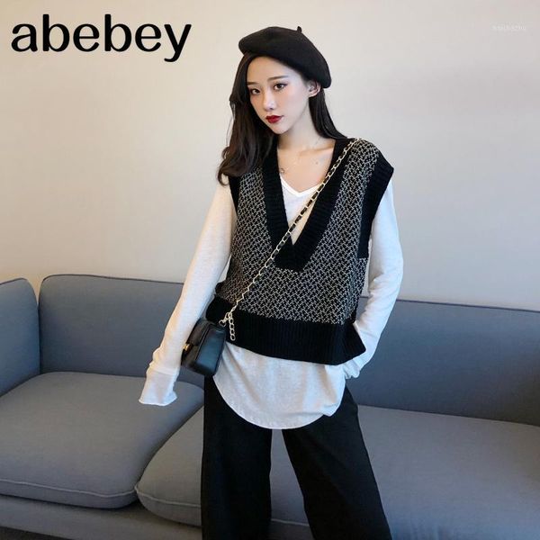 

women sleeveless pullover autumn 2020 korean style vintage stylish color patchwork v neck knitted wool sweater vest black t3951, Black;white