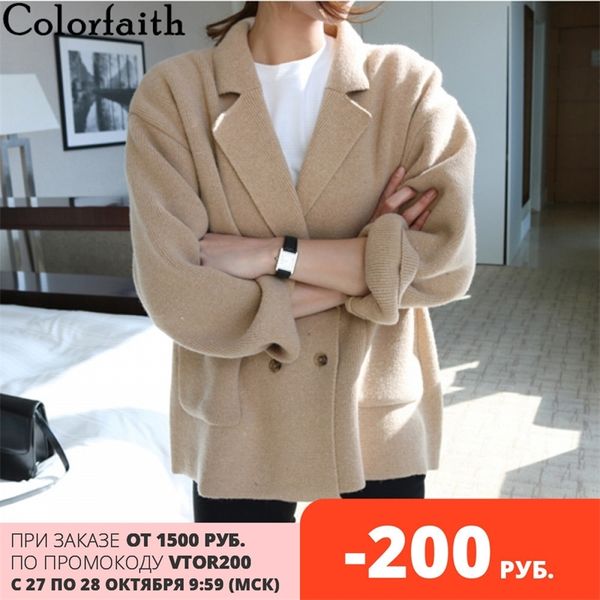 

colorfaith new women's sweaters autumn winter korean style knitted buttons pockets cardigans vintage wild knitwear swc8277 201030, White