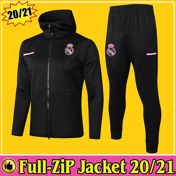 

2020 2021 real madrid full zip hoodie jacket soccer hooded sweatshirt football tracksuit 20/21 winter pants full kit training suit chandal, Black