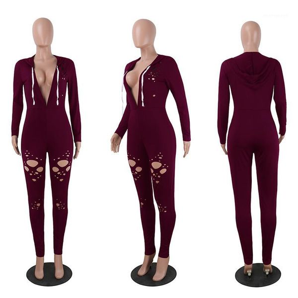 

solid color new hooded deep v-collar women's jumpsuit trousers slim loophole1, Black;white