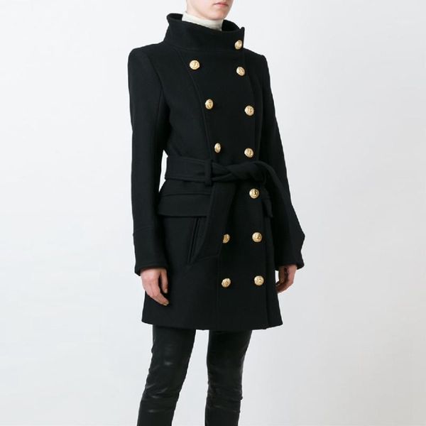 

new fashion 2020 fall winter designer coat women's double breasted lion buttons wool coat overcoat1, Black