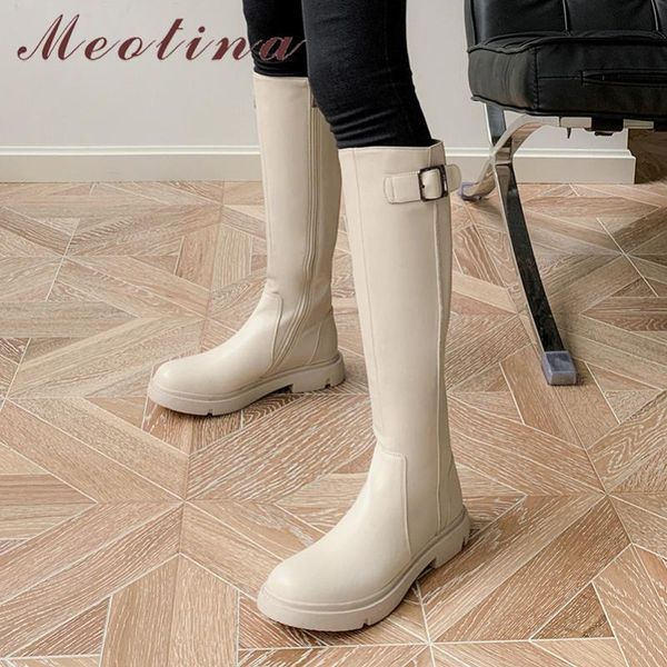 

meotina real leather flat platform long boots women riding boots shoes round toe buckle zip knee high autumn winter beige, Black