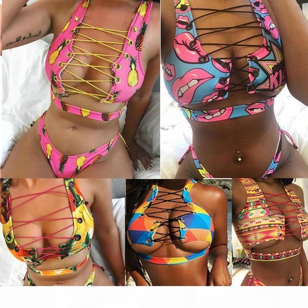 

2018 new african thong bikini lace up swimwear women bikini set two pieces swimsuit bathing suit female bather bandage thong bathing, White;black