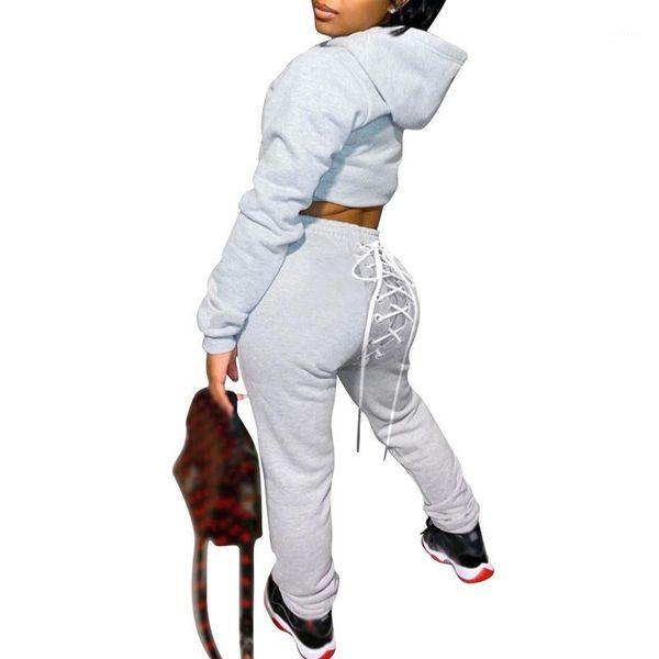 

women 2 piece pants suit full length regular sleeve with pocket solid color hooded collar hoodie drawstring trousers sets1, Gray