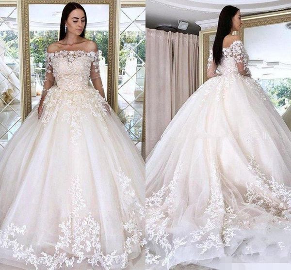 

2021 princess ball gown lace wedding dresses champagne off the shoulder long sleeve bridal gowns 3d applique plus size marriage dress tutu, White