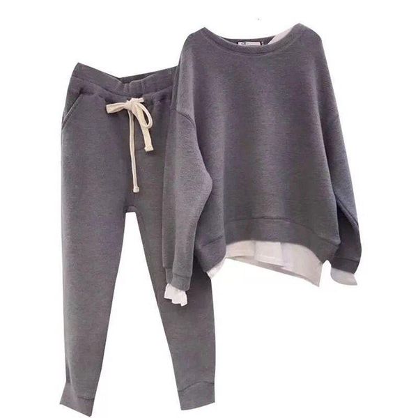 

women's two paper split joint loose sweater pants two piece set woman suit casual tracksuit hoodies and sweatpants streetwear, Gray
