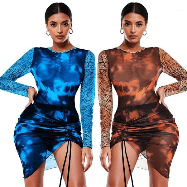 

2 colors fashion women's bodycon mini dress long sleeve sheer mesh tie dye print mesh leopard drawstring ruched dress1, Black;gray