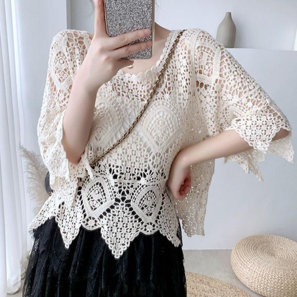 

irregular floral embroidery lace crop female elegant vintage hollow out white lace shirt blouse women 2021 summer