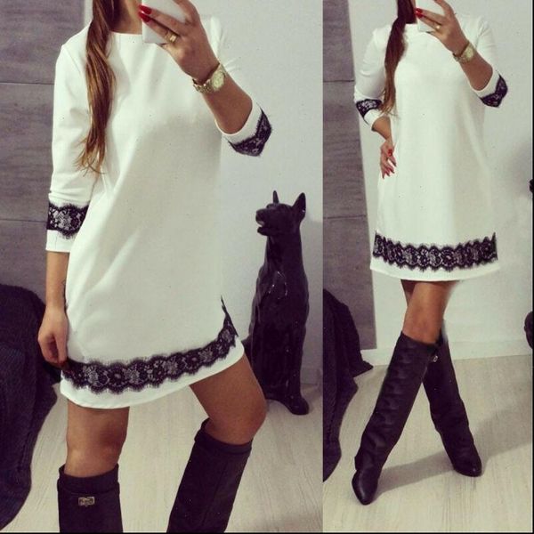 

fashion women casual white lace dress ladies party long sleeves dress casual round collar loose mini short dress, Black;gray