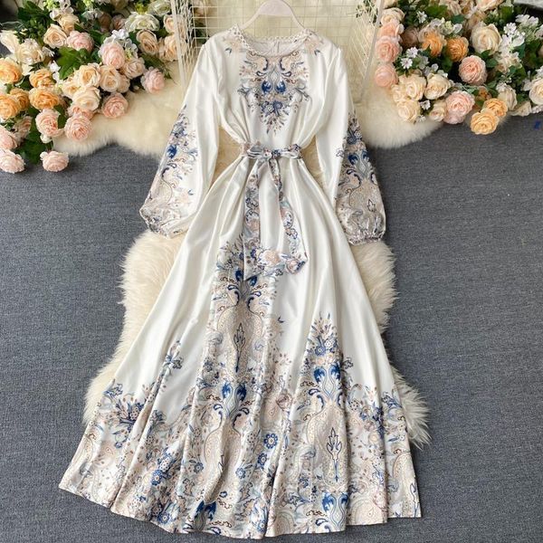 

singrain women vintage court wind dress 2020 summer hollow out flowers puff sleeve a line dress o neck bandage print maxi dress, Black;gray