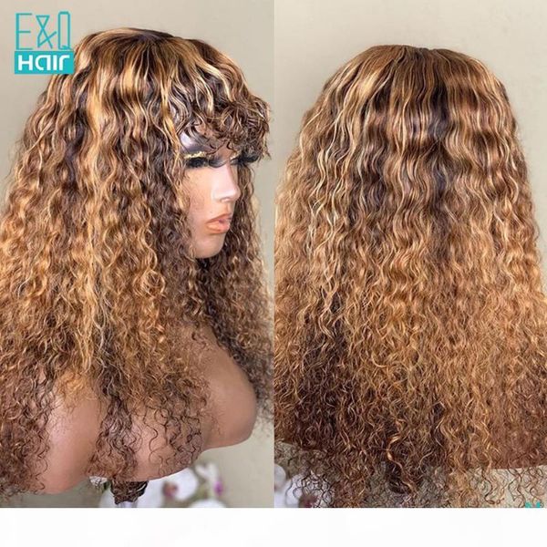 

curly 13x6 lace front human hair wigs with bangs for women highlight honey blonde brown 360 lace frontal wig brazilian remy 150%, Black;brown