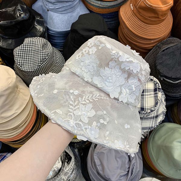 

short front long back bride portrait fairy lace flower fisherman's summer fashion decoration sunshade hat tide, Blue;gray