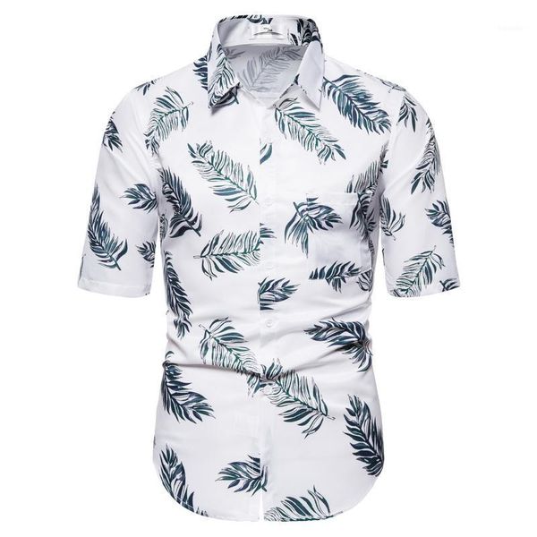 

men's casual shirts hawaiian shirt men fashion leaf print slim short sleeve blouse male pesonality party dress summer 20211, White;black