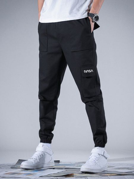 

men flap pocket letter graphic cargo pants c2hp#, Black