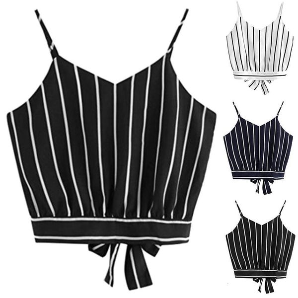 

tank fashion women stripe v neck sleeveless lace up twill vest spaghetti strappy crop top, White