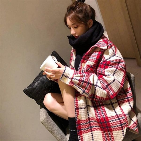

plus size elegant cotton-padded lining winter wool coat women vintage red plaid coat jacket for winter autumn, Black