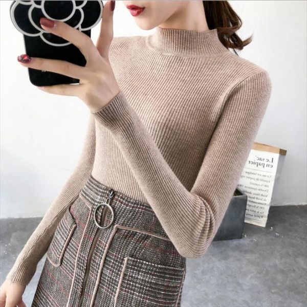 

autumn women knitted turtleneck sweater 2019 fall casual slim sweaters pullover womens long sleeve elasticity sweater base shirt, White;black