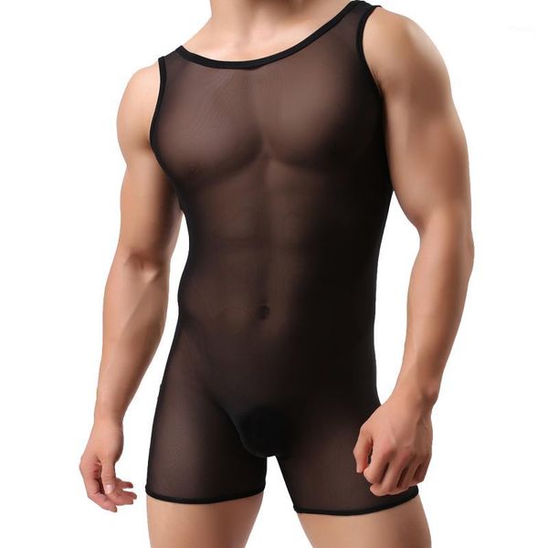 

men's bodysuit shaper high elastic fabric corsets vest ice silk mesh transparent breathable body gay shaper men tshirt tights1, Black;brown