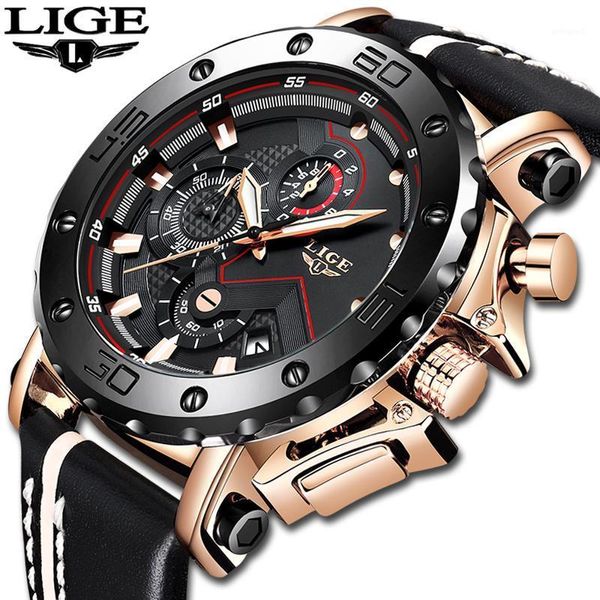 

wristwatches lige men watches leather waterproof chronograph fashion big dial date quartz watch sport clock relogio+box1, Slivery;brown