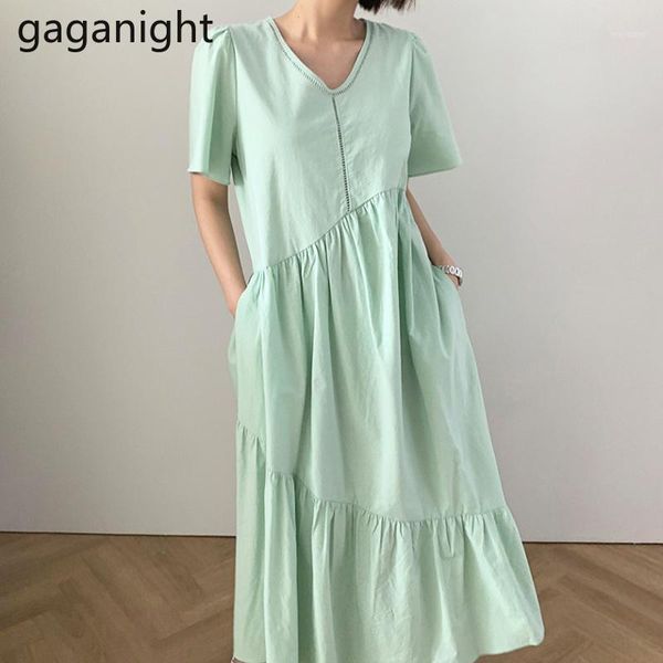 

gaganight casual women loose maxi dress short sleeve v neck girls summer fashion holiday dresses chic korean vestidos ruched new1, Black;gray