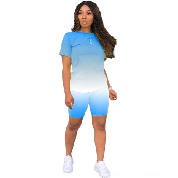 

y9026 gradient printing sports casual fashion two-piece women's clothing y9026 gradient printing t-shirt sports casual fashion two-piec, Gray