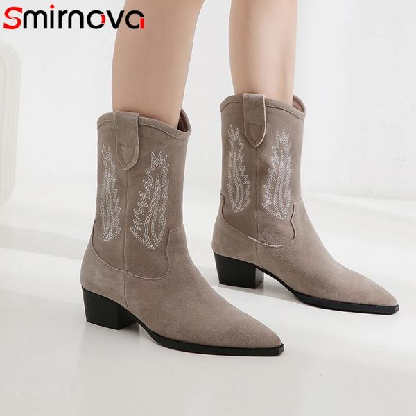 

boots smirnova 2021 est cowboy european western woman pointed toe slip on embroider simple casual shoes women ankle, Black