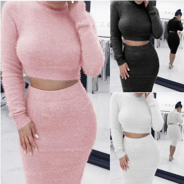 

women long sleeve knitted crop and bodycon skirts ladies set 2020 autumn two piece set women sweater +pencil skirt suit, Gray