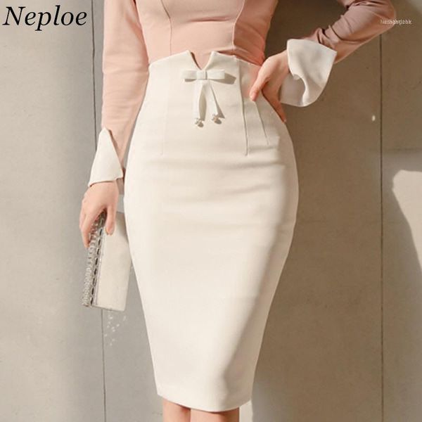 

women pencil skirt high waist bag hip bow tie ladies elegant skirts slim knee-length white plus size skirt11, Black