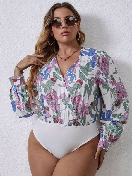 

plus floral print puff sleeve bodysuit q0ju#, Black