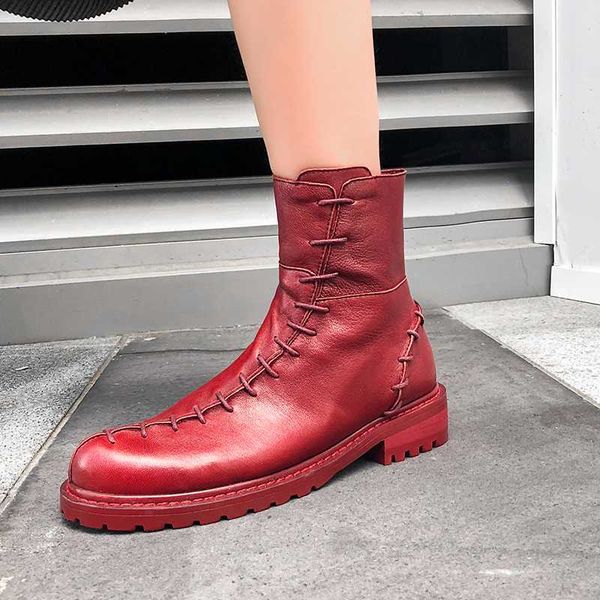 

boots retro personality hipster ladies and calf first layer cowhide flat with women's round head motorcycle boot, Black