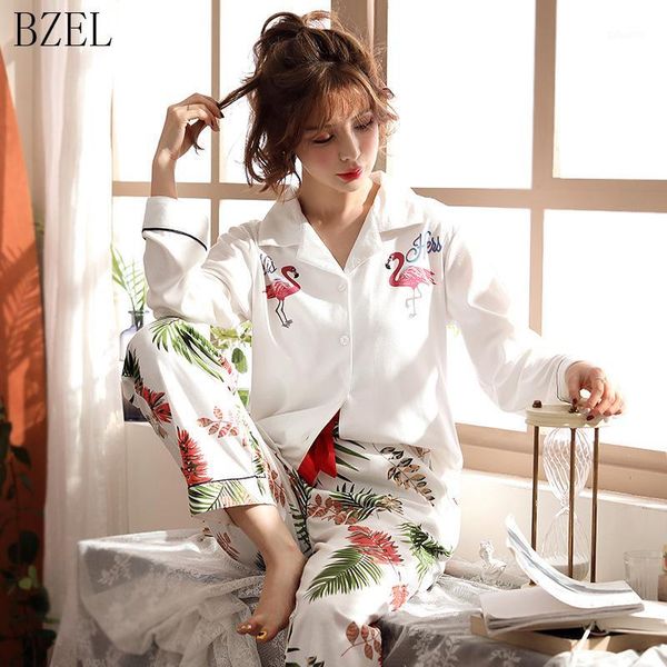 

bzel long sleeve cotton pajamas set cartoon flamingo sleepwear women nightwear pijama mujer pyjama femme 2pcs/set big yard -3xl1, Black;red
