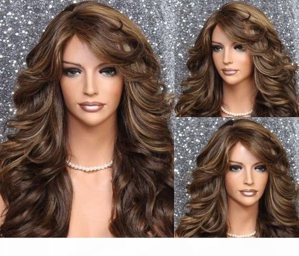 

dyed split wig fashion women's golden brown tapered long curly hair big wave hair wig hairline for black women, Black;brown
