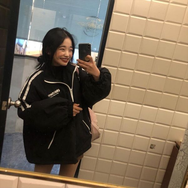 

2021 new girl retro college style loose casual wind side strip sports windbreaker jacket autumn drop shipping, Tan;black