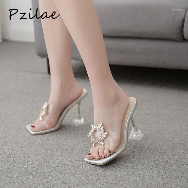 

slippers pzilae 2021 pvc transparent summer women square open toe slides crystal buckle clear high heels shoes size 421, Black