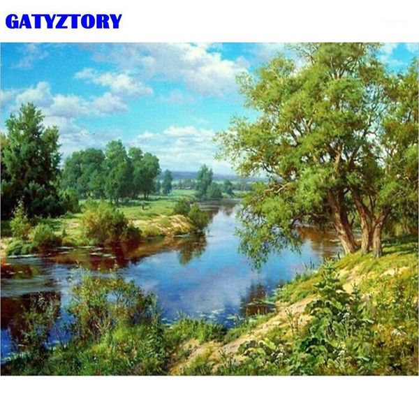 

paintings gatyztory frame green lake diy painting by number handpainted oil modern wall art picture for home decor 40x50cm gift1