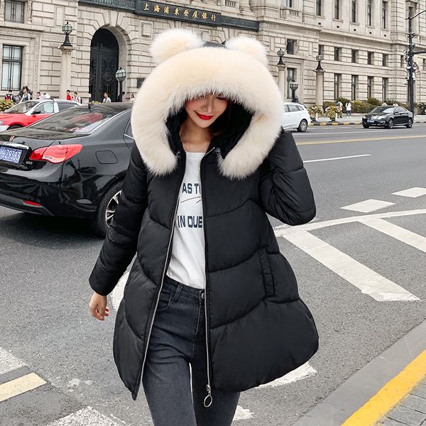 

korean style a line women's winter jacket sweet solid woman parkas hooded with fur collar hairball plus size loose thick coats